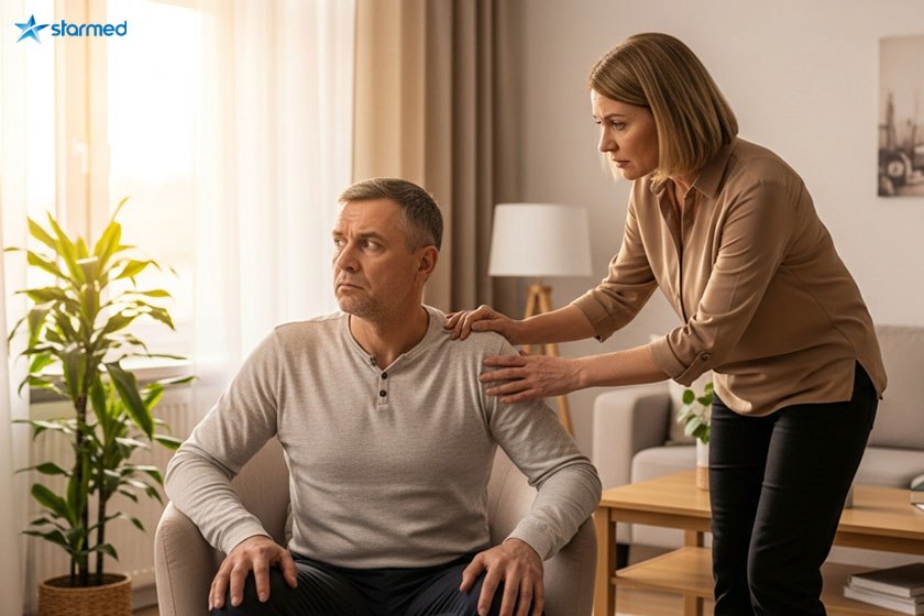 Женщина положила руки на плечо мужчины